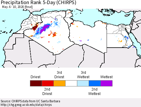 North Africa Precipitation Rank since 1981, 5-Day (CHIRPS) Thematic Map For 5/6/2020 - 5/10/2020