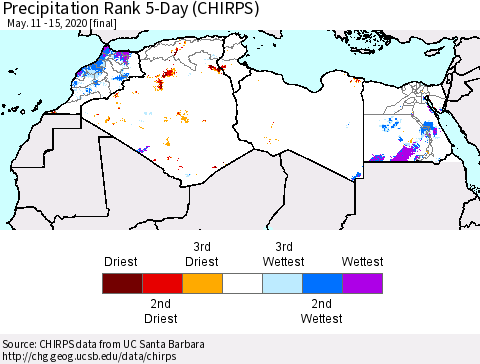 North Africa Precipitation Rank since 1981, 5-Day (CHIRPS) Thematic Map For 5/11/2020 - 5/15/2020