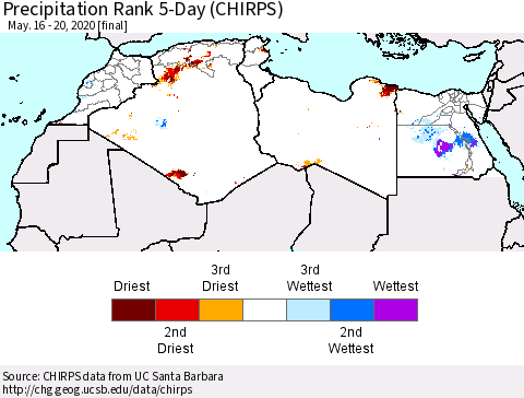 North Africa Precipitation Rank since 1981, 5-Day (CHIRPS) Thematic Map For 5/16/2020 - 5/20/2020