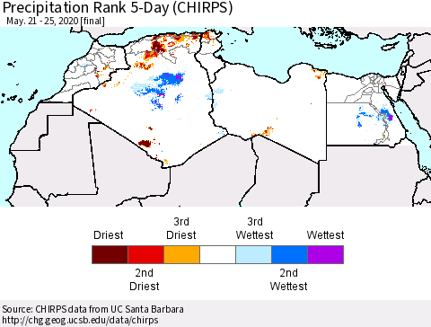 North Africa Precipitation Rank since 1981, 5-Day (CHIRPS) Thematic Map For 5/21/2020 - 5/25/2020