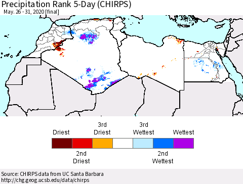North Africa Precipitation Rank since 1981, 5-Day (CHIRPS) Thematic Map For 5/26/2020 - 5/31/2020