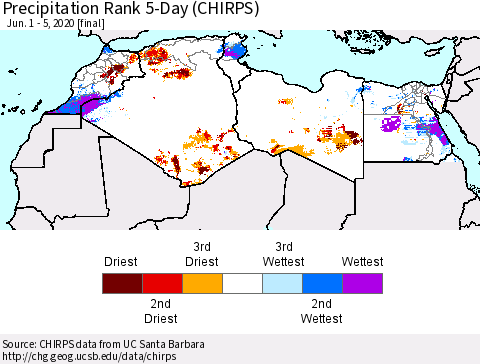 North Africa Precipitation Rank since 1981, 5-Day (CHIRPS) Thematic Map For 6/1/2020 - 6/5/2020