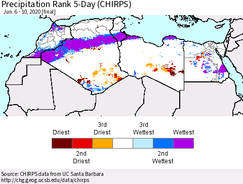 North Africa Precipitation Rank since 1981, 5-Day (CHIRPS) Thematic Map For 6/6/2020 - 6/10/2020