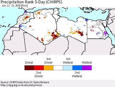 North Africa Precipitation Rank since 1981, 5-Day (CHIRPS) Thematic Map For 6/11/2020 - 6/15/2020