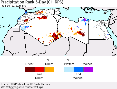 North Africa Precipitation Rank since 1981, 5-Day (CHIRPS) Thematic Map For 6/16/2020 - 6/20/2020