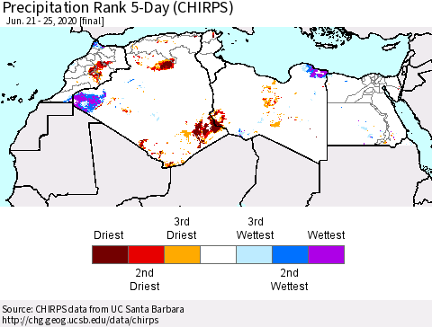 North Africa Precipitation Rank since 1981, 5-Day (CHIRPS) Thematic Map For 6/21/2020 - 6/25/2020
