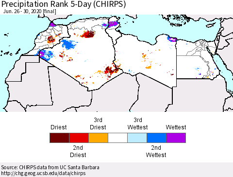 North Africa Precipitation Rank since 1981, 5-Day (CHIRPS) Thematic Map For 6/26/2020 - 6/30/2020
