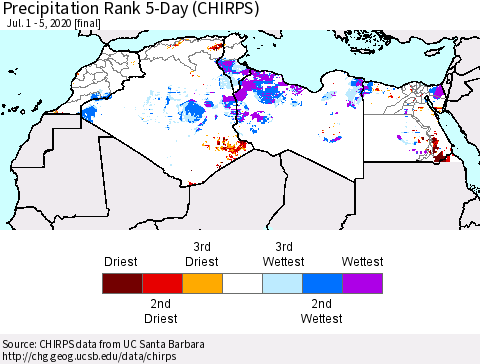North Africa Precipitation Rank since 1981, 5-Day (CHIRPS) Thematic Map For 7/1/2020 - 7/5/2020