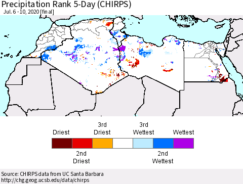 North Africa Precipitation Rank since 1981, 5-Day (CHIRPS) Thematic Map For 7/6/2020 - 7/10/2020