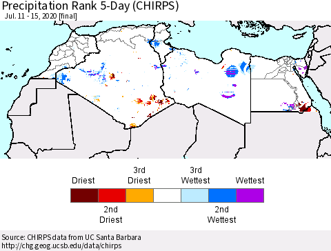 North Africa Precipitation Rank since 1981, 5-Day (CHIRPS) Thematic Map For 7/11/2020 - 7/15/2020