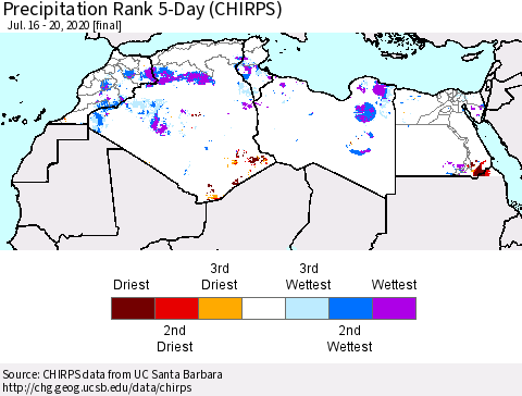 North Africa Precipitation Rank since 1981, 5-Day (CHIRPS) Thematic Map For 7/16/2020 - 7/20/2020