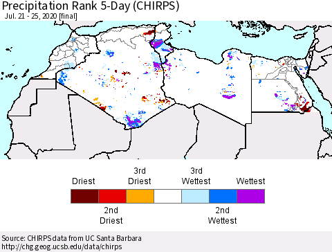 North Africa Precipitation Rank since 1981, 5-Day (CHIRPS) Thematic Map For 7/21/2020 - 7/25/2020