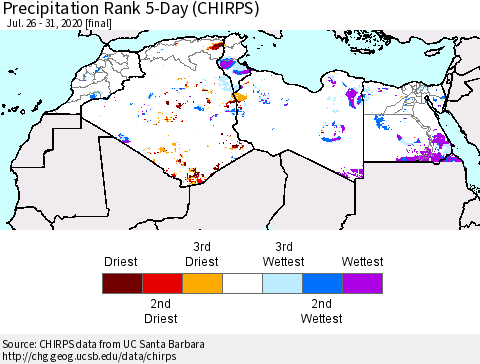 North Africa Precipitation Rank since 1981, 5-Day (CHIRPS) Thematic Map For 7/26/2020 - 7/31/2020