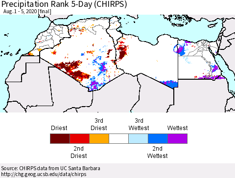 North Africa Precipitation Rank since 1981, 5-Day (CHIRPS) Thematic Map For 8/1/2020 - 8/5/2020