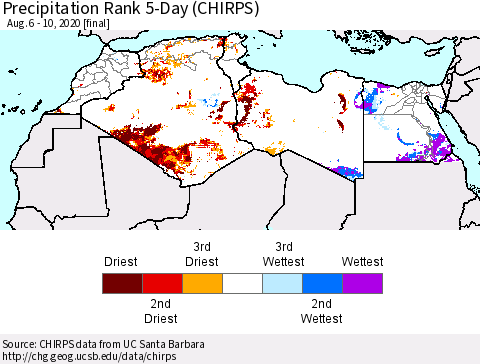 North Africa Precipitation Rank since 1981, 5-Day (CHIRPS) Thematic Map For 8/6/2020 - 8/10/2020