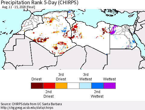 North Africa Precipitation Rank since 1981, 5-Day (CHIRPS) Thematic Map For 8/11/2020 - 8/15/2020