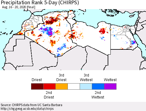 North Africa Precipitation Rank since 1981, 5-Day (CHIRPS) Thematic Map For 8/16/2020 - 8/20/2020