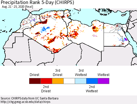 North Africa Precipitation Rank since 1981, 5-Day (CHIRPS) Thematic Map For 8/21/2020 - 8/25/2020