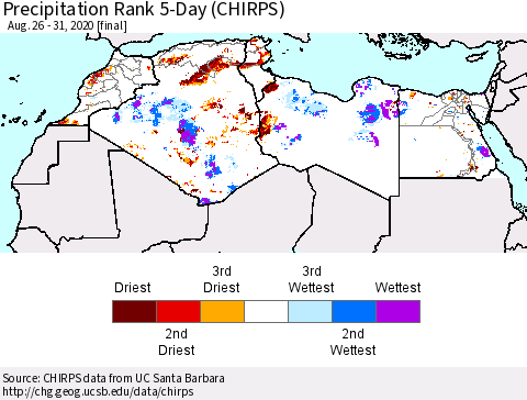 North Africa Precipitation Rank since 1981, 5-Day (CHIRPS) Thematic Map For 8/26/2020 - 8/31/2020