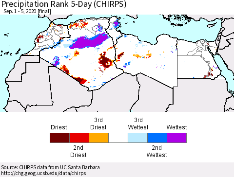 North Africa Precipitation Rank since 1981, 5-Day (CHIRPS) Thematic Map For 9/1/2020 - 9/5/2020