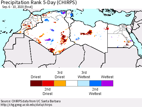 North Africa Precipitation Rank since 1981, 5-Day (CHIRPS) Thematic Map For 9/6/2020 - 9/10/2020