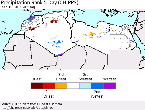 North Africa Precipitation Rank since 1981, 5-Day (CHIRPS) Thematic Map For 9/16/2020 - 9/20/2020