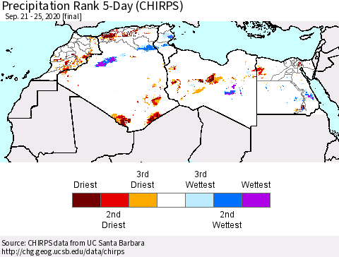 North Africa Precipitation Rank since 1981, 5-Day (CHIRPS) Thematic Map For 9/21/2020 - 9/25/2020
