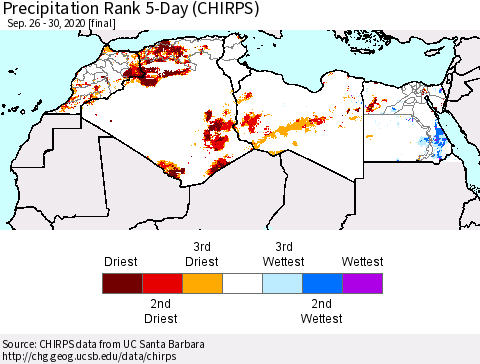 North Africa Precipitation Rank since 1981, 5-Day (CHIRPS) Thematic Map For 9/26/2020 - 9/30/2020