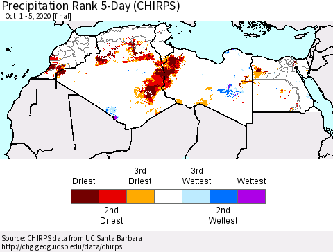 North Africa Precipitation Rank since 1981, 5-Day (CHIRPS) Thematic Map For 10/1/2020 - 10/5/2020