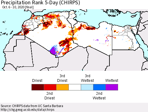 North Africa Precipitation Rank since 1981, 5-Day (CHIRPS) Thematic Map For 10/6/2020 - 10/10/2020