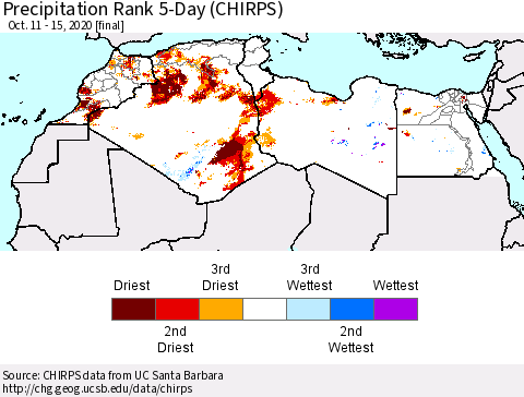 North Africa Precipitation Rank since 1981, 5-Day (CHIRPS) Thematic Map For 10/11/2020 - 10/15/2020