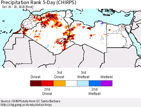 North Africa Precipitation Rank since 1981, 5-Day (CHIRPS) Thematic Map For 10/16/2020 - 10/20/2020