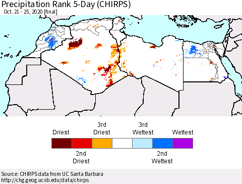North Africa Precipitation Rank since 1981, 5-Day (CHIRPS) Thematic Map For 10/21/2020 - 10/25/2020