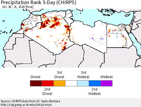 North Africa Precipitation Rank since 1981, 5-Day (CHIRPS) Thematic Map For 10/26/2020 - 10/31/2020