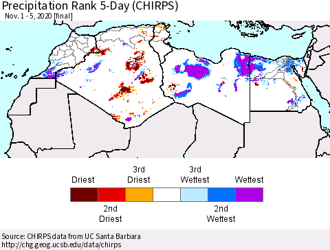 North Africa Precipitation Rank since 1981, 5-Day (CHIRPS) Thematic Map For 11/1/2020 - 11/5/2020
