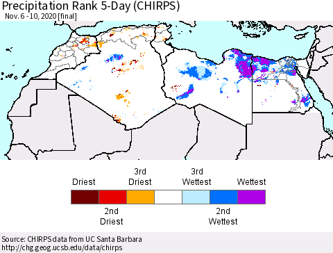 North Africa Precipitation Rank since 1981, 5-Day (CHIRPS) Thematic Map For 11/6/2020 - 11/10/2020