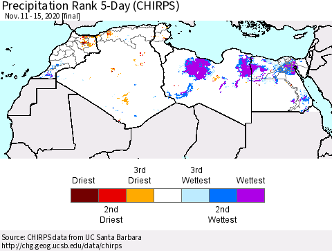 North Africa Precipitation Rank since 1981, 5-Day (CHIRPS) Thematic Map For 11/11/2020 - 11/15/2020