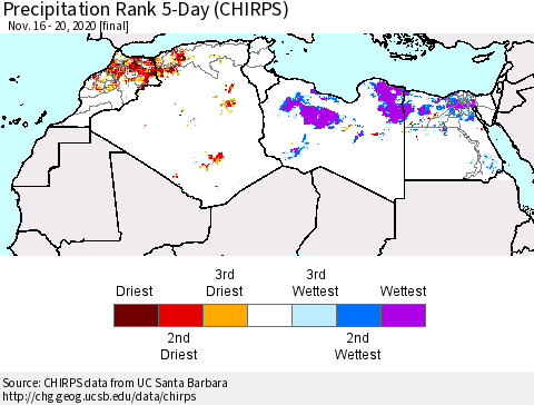 North Africa Precipitation Rank since 1981, 5-Day (CHIRPS) Thematic Map For 11/16/2020 - 11/20/2020