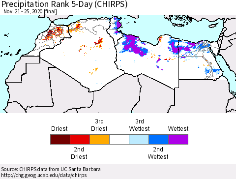 North Africa Precipitation Rank since 1981, 5-Day (CHIRPS) Thematic Map For 11/21/2020 - 11/25/2020