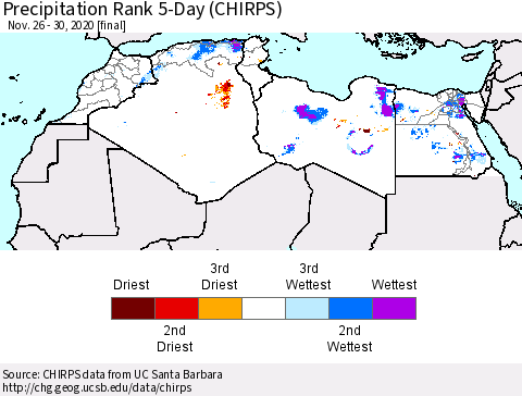 North Africa Precipitation Rank since 1981, 5-Day (CHIRPS) Thematic Map For 11/26/2020 - 11/30/2020
