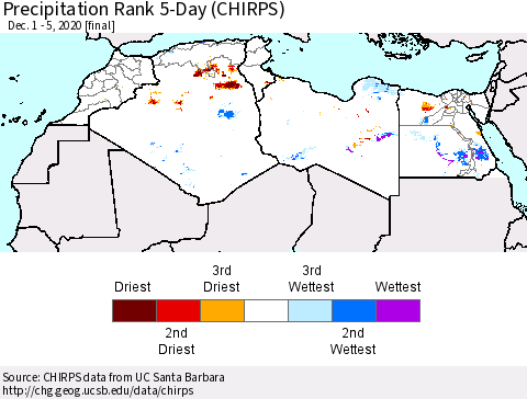 North Africa Precipitation Rank since 1981, 5-Day (CHIRPS) Thematic Map For 12/1/2020 - 12/5/2020