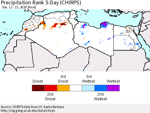 North Africa Precipitation Rank since 1981, 5-Day (CHIRPS) Thematic Map For 12/11/2020 - 12/15/2020