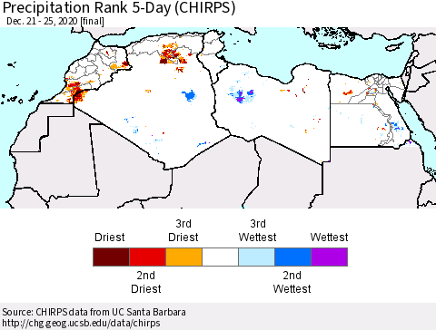North Africa Precipitation Rank since 1981, 5-Day (CHIRPS) Thematic Map For 12/21/2020 - 12/25/2020