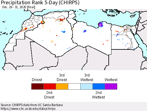 North Africa Precipitation Rank since 1981, 5-Day (CHIRPS) Thematic Map For 12/26/2020 - 12/31/2020
