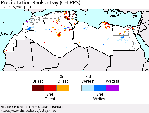 North Africa Precipitation Rank since 1981, 5-Day (CHIRPS) Thematic Map For 1/1/2021 - 1/5/2021