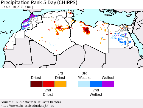 North Africa Precipitation Rank since 1981, 5-Day (CHIRPS) Thematic Map For 1/6/2021 - 1/10/2021