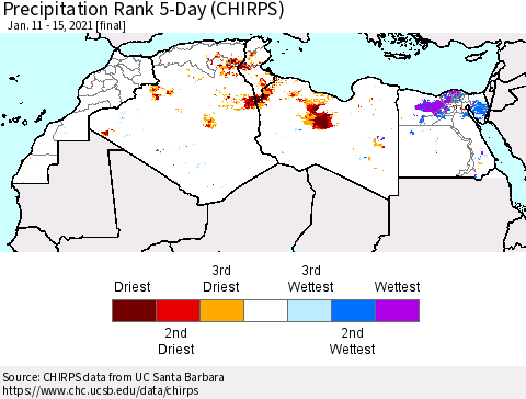 North Africa Precipitation Rank since 1981, 5-Day (CHIRPS) Thematic Map For 1/11/2021 - 1/15/2021