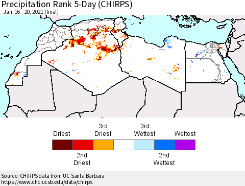 North Africa Precipitation Rank since 1981, 5-Day (CHIRPS) Thematic Map For 1/16/2021 - 1/20/2021
