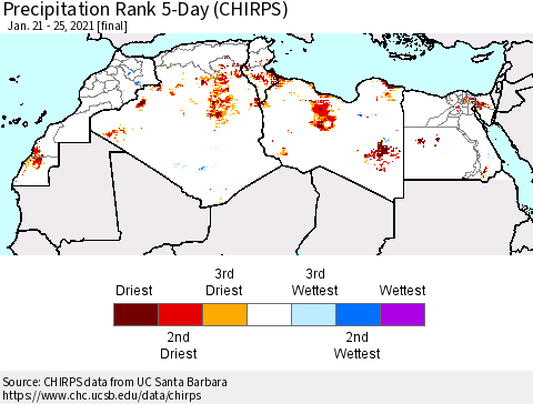 North Africa Precipitation Rank since 1981, 5-Day (CHIRPS) Thematic Map For 1/21/2021 - 1/25/2021