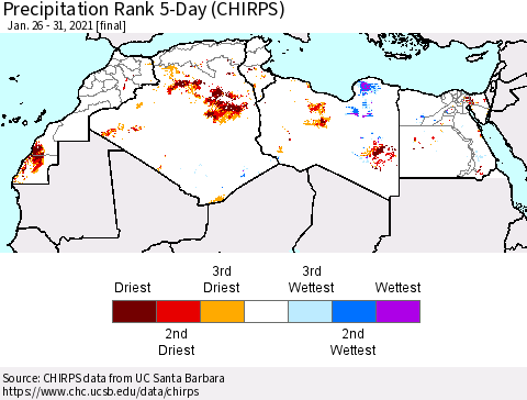 North Africa Precipitation Rank since 1981, 5-Day (CHIRPS) Thematic Map For 1/26/2021 - 1/31/2021